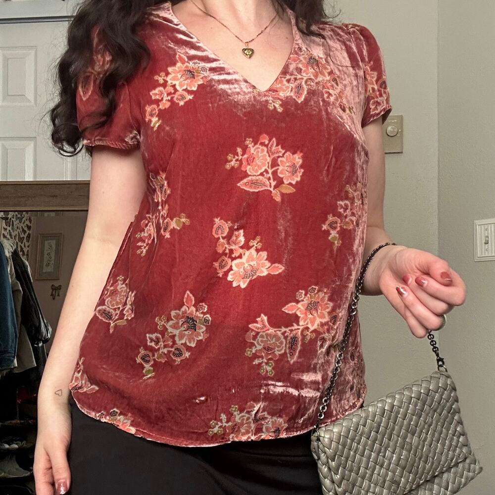 Velvet Burnout Salmon Rose Pink Floral V Neck Blouse Tshirt Top Tee Boho Fairy